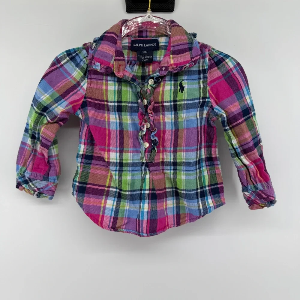 Ralph Lauren Kids Girls 12M‎ Plaid Button Front Ruffle Collar Long Sleeve Shirt